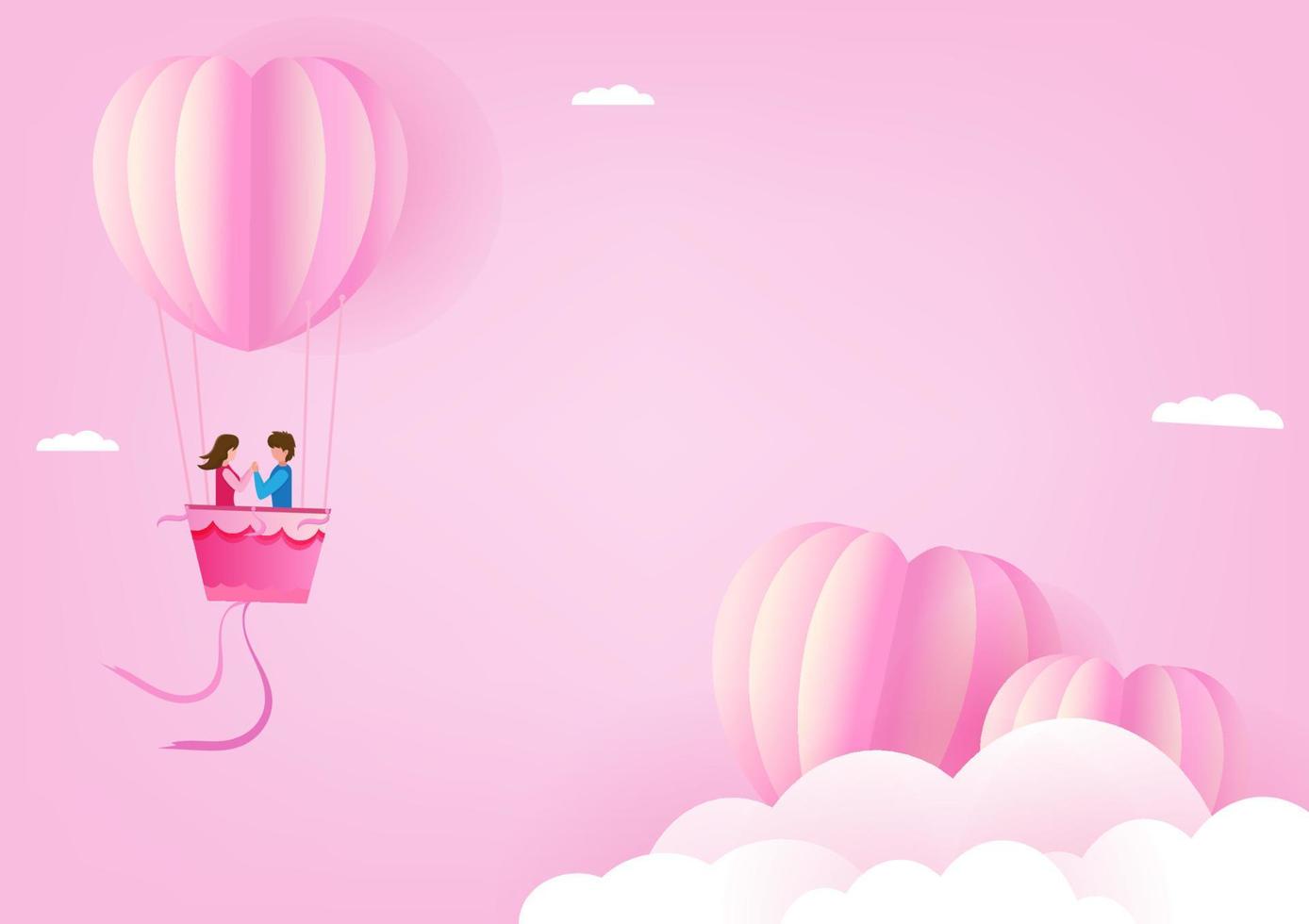 pareja joven en el día de san valentín ambiente romántico con globos de corazón flotando en el cielo corazoncitos dispersos en estilo de arte de papel vector