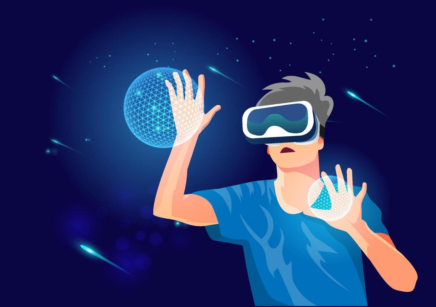 Young man wearing VR glasses with holographic touch finger Virtual panel in digital working background. flat style cartoon vector illustration