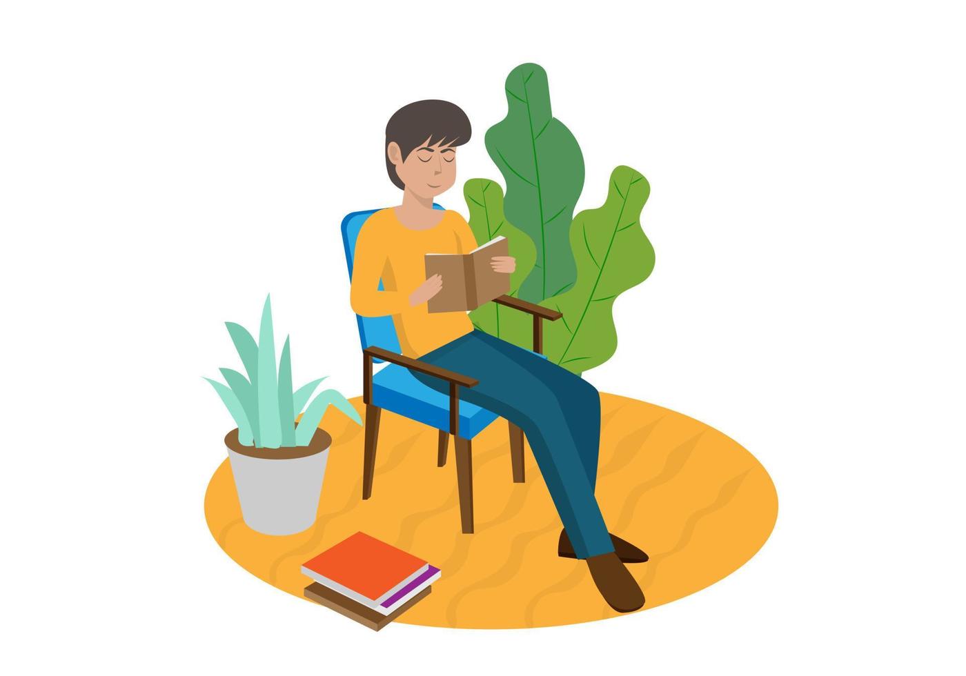 joven leyendo un libro en una silla de estilo plano aislado en fondo blanco - vector