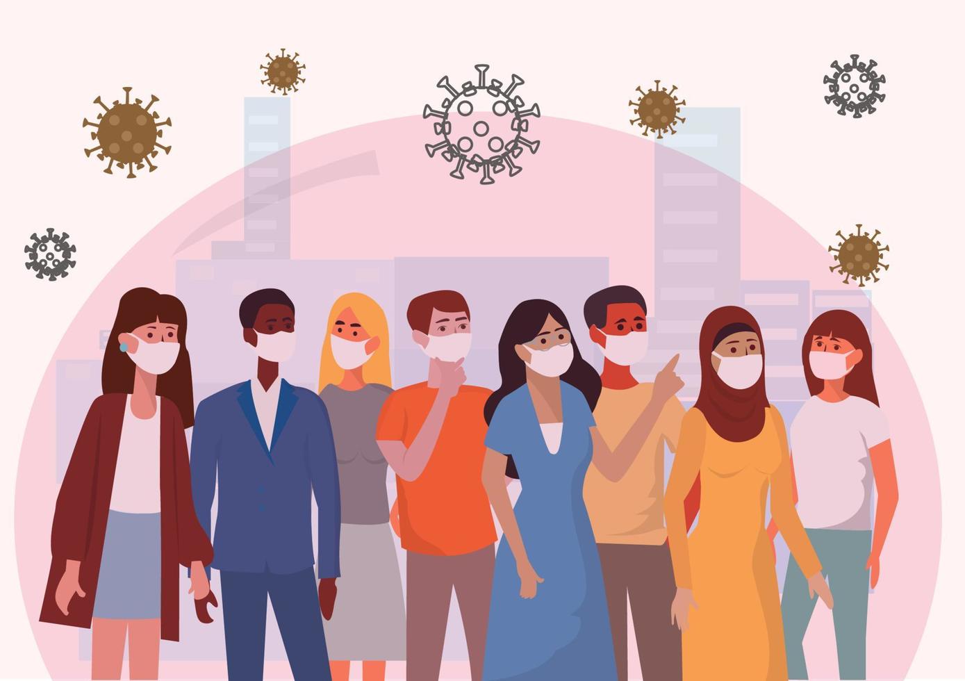 las personas que usan una máscara para prevenir y prevenir el virus del resfriado común, los hombres y mujeres jóvenes están protegidos de las células del coronavirus en el círculo rosa. ilustración vectorial vector