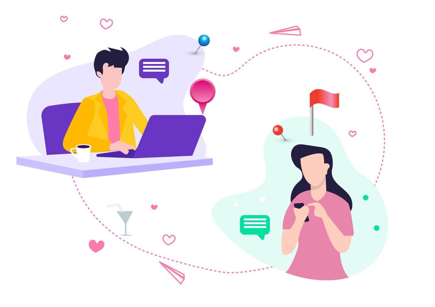 Young men and women who are far apart are able to use technology to communicate love effectively. vector