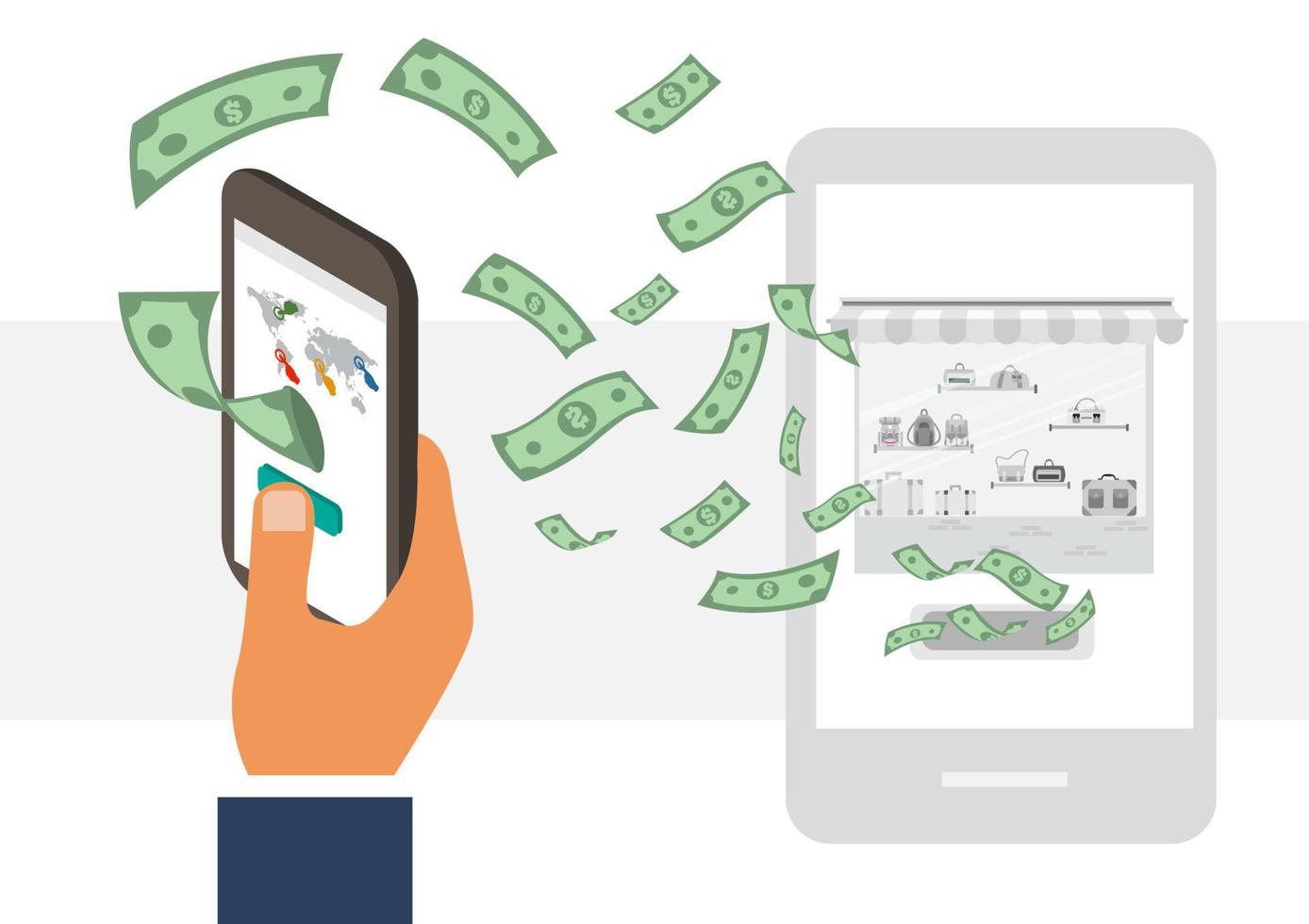 Concept of online payment and transaction sent with a human finger in front of the smartphone vector