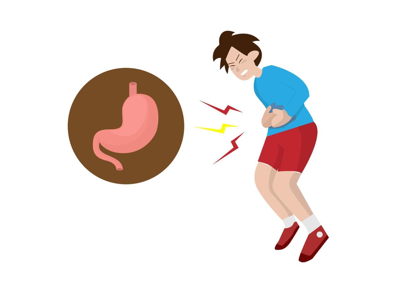 Illustration of a young man suffering from inflammation, pain, stinging, colic and tight stomach. vector