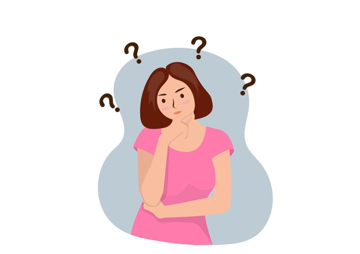 Woman thinks. Question. Thinking girl concept. Girl solves a problem. Cartoon thinking woman with question marks. Vector