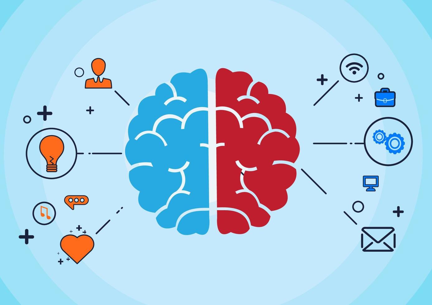 The brain is divided into two hemispheres. The left hemisphere is creative. On the right is the learning process planning concept. vector illustration