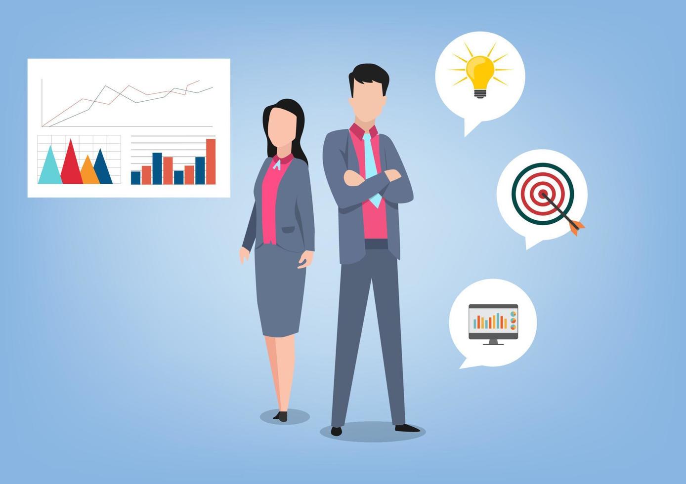 Male and female managers presenting reports via infographics in conference rooms. reporting concept Contemporary Style Vector Illustration