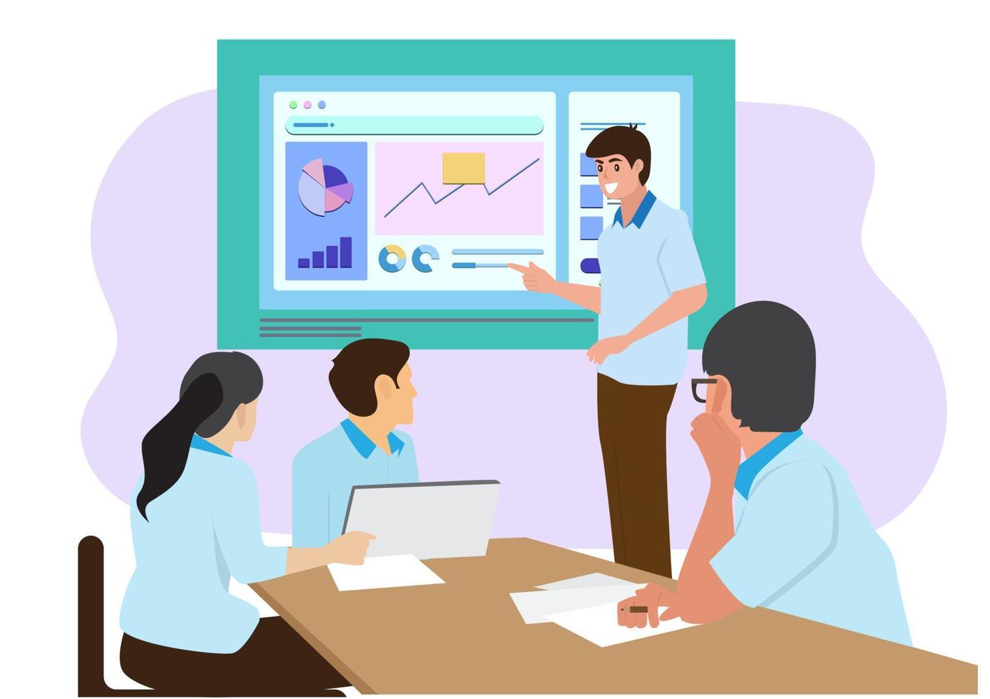 business, people and teamwork concept - group of smiling businesspeople meeting on presentation in office. Flat style cartoon illustration vector