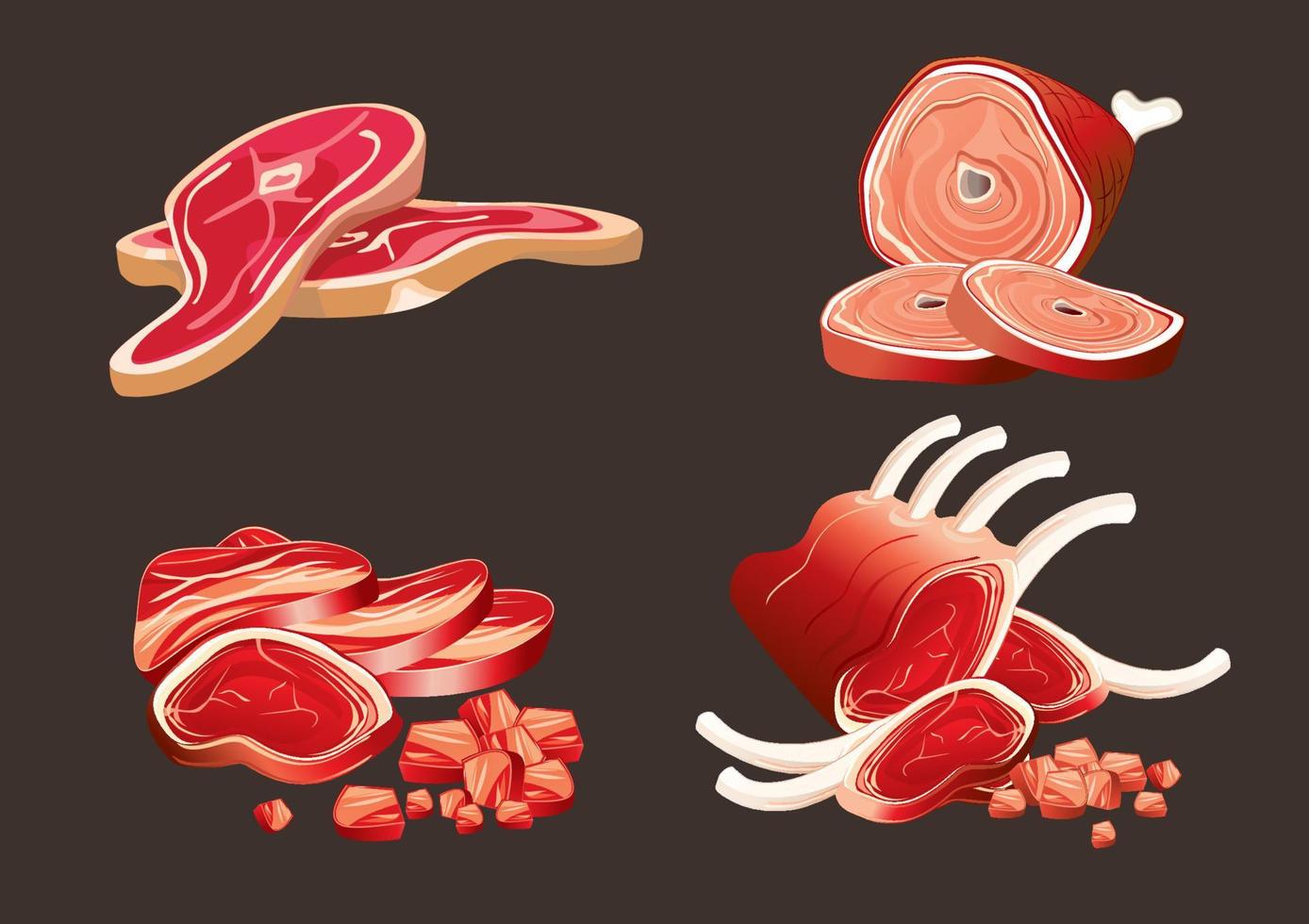 el color de la carne y órganos de las piernas, costillas y cuello es la carne de cerdos y vacas, diseño simple sobre fondo marrón. vector de ilustración de dibujos animados de estilo plano