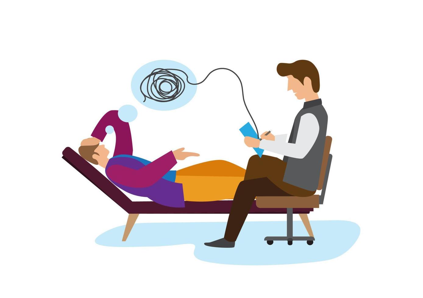 A professional psychologist helps a male character with a problem and tries to solve the problem for the patient. flat style cartoon vector illustration