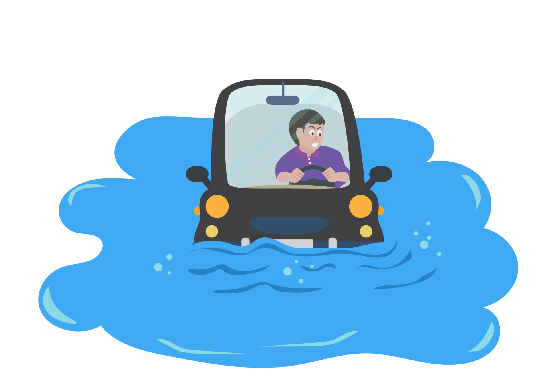 The car drowned in the puddle The driver had a worried look on his face