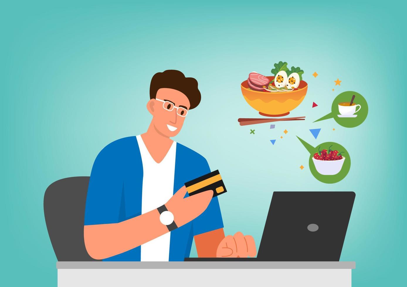 computadora portátil con aplicación de entrega de alimentos pedir comida en línea diseño gráfico de datos creativos modernos en aplicación de ilustración de dibujos animados de estilo plano vectorial vector