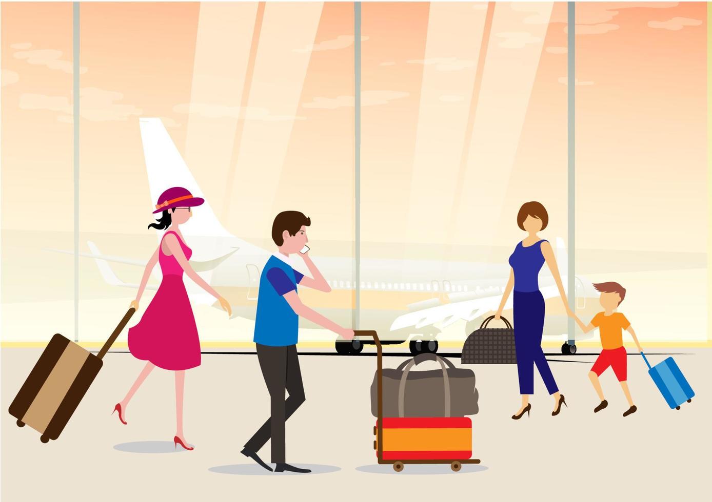 las personas con maletas salen y reservan un boleto de avión a través del aeropuerto. ilustración vectorial plana vector