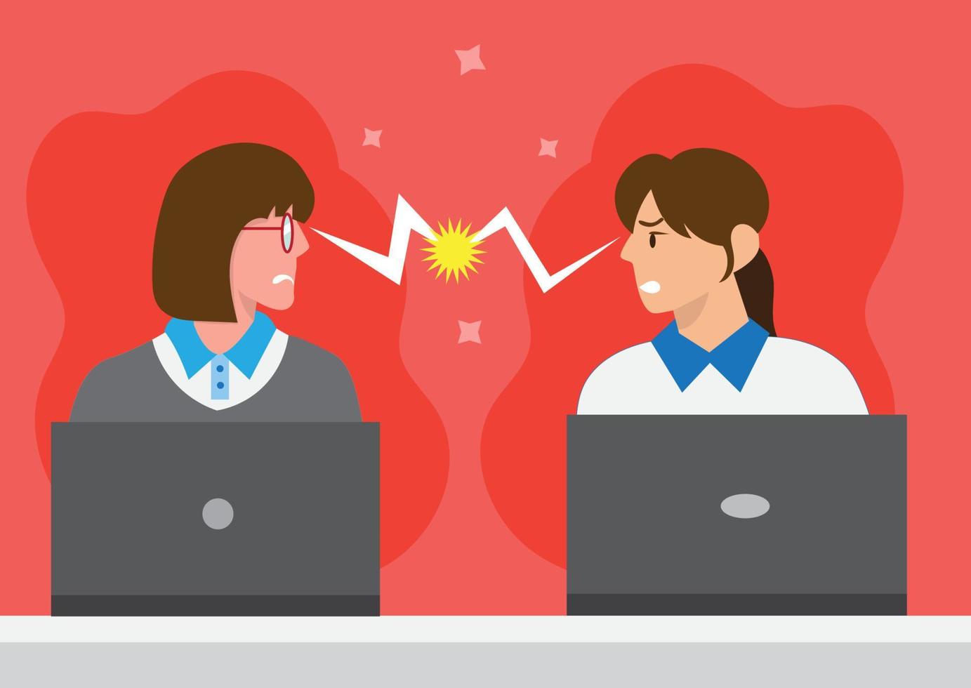 Female office workers quarreling at work, showing poor teamwork. Working hard. flat vector cartoon illustration