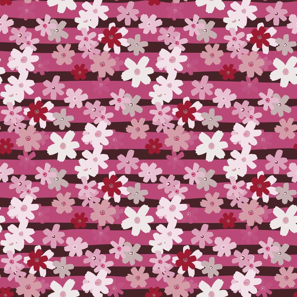 Bright multicolor seamless pattern with chamomile shapes. Pink background with check. Simple floral backdrop. vector