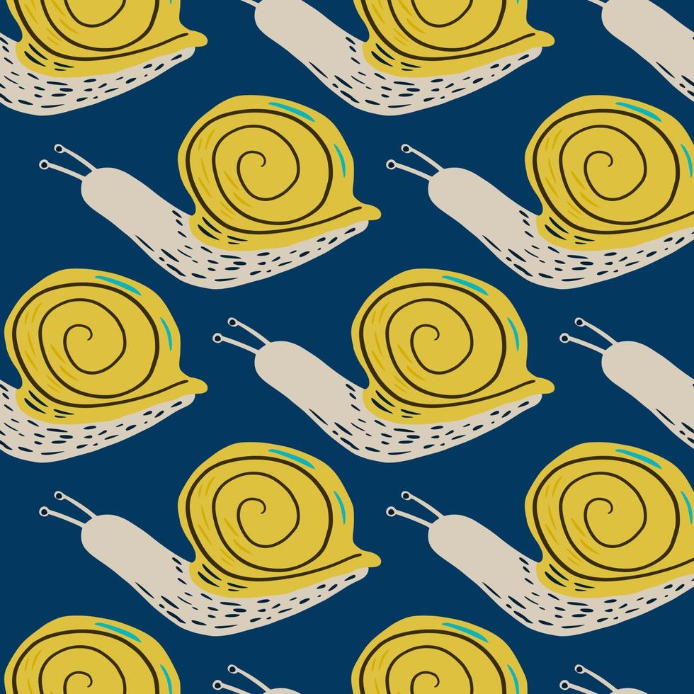 Yellow and light pink colored snails sillhouetes seamless pattern. Navy blue background. Wildlife fauna backdrop. vector