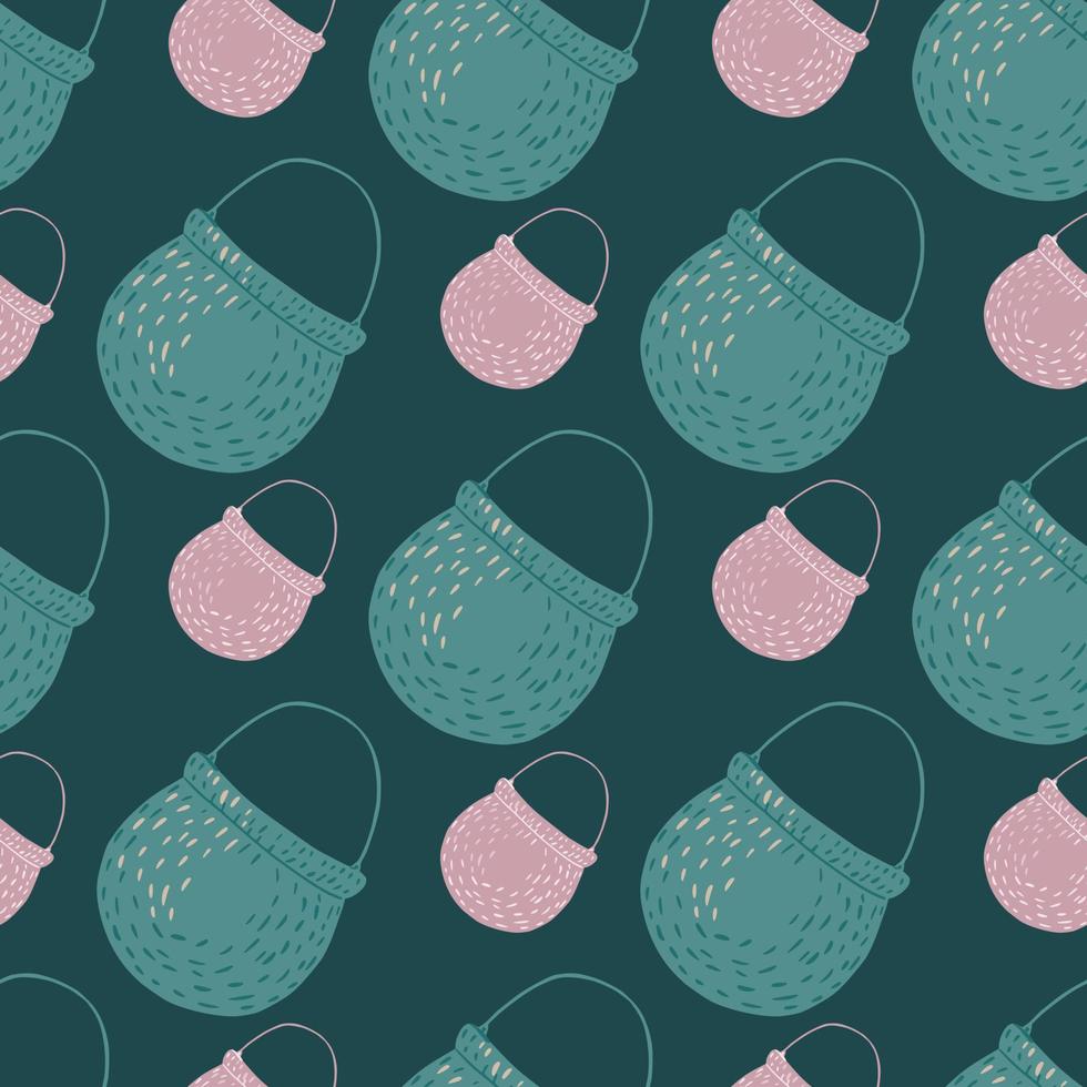 Witchcraft seamless pattern with blue and lilac colored pots elements. Navy blue background. vector