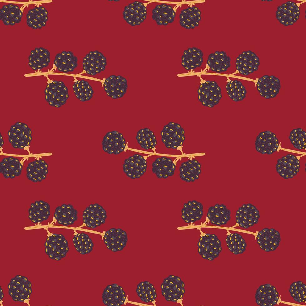 Healthy vitamin seamless pattern with hand drawn blackberry branches. Maroon background. vector