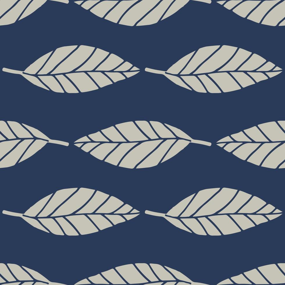 Floral seamless pattern with geometric lines leafs. Botanic elements in grey color on navy blue background. vector
