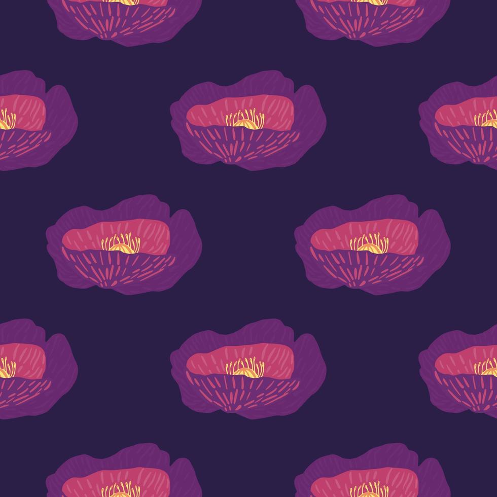 Poppy bud abstract silhouette seamless pattern. Bright purple and pink ornament on dark purple background. vector