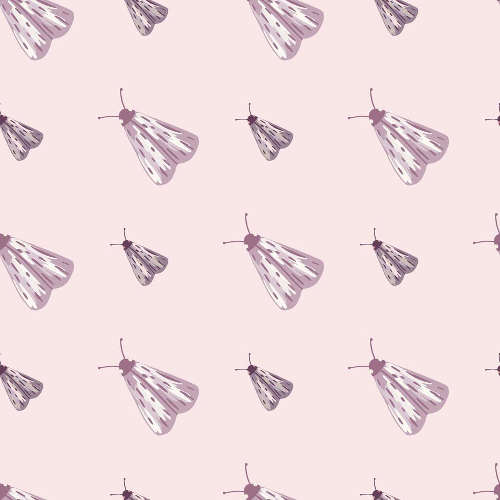 Pastel palette seamless pattern with butterfly silhouettes. Moth ornament in light purple colors on pink soft background. vector