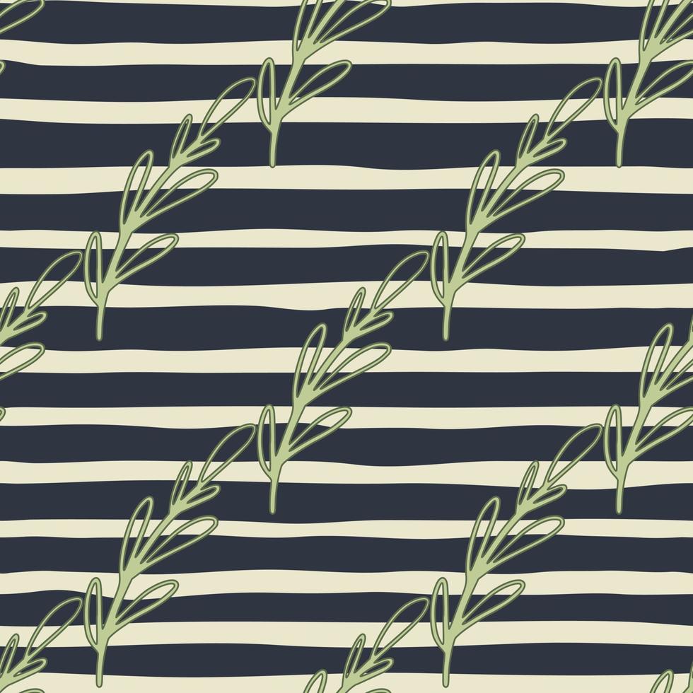 Green contoured outline branches seamless pattern. Navy blue and grey striped background. Doodle backdrop. vector