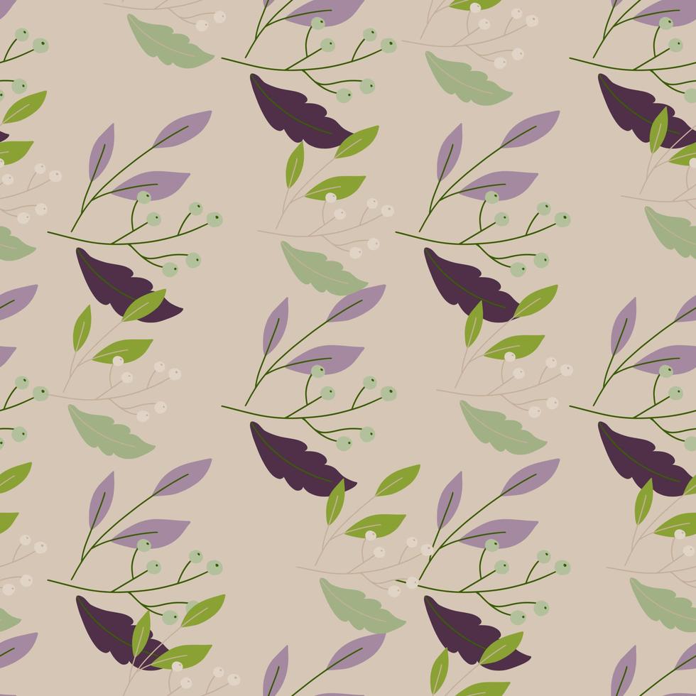 Scrapbook seamless pattern with botanic purple and green berries elements. Pale beige background. Simple style. vector