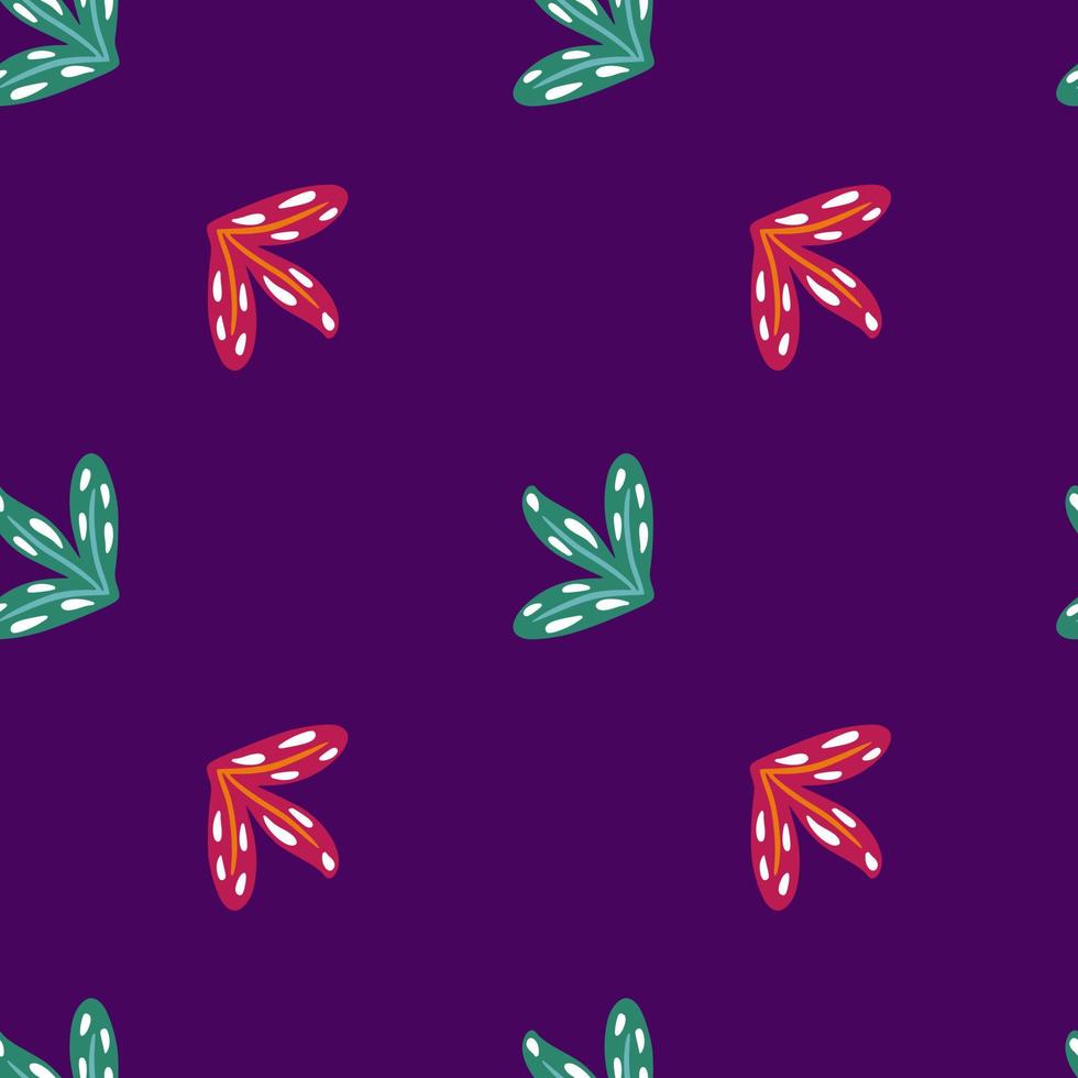 Seamless botanic pattern in minimalistic style with red and turquoise leaf shapes. Navy blue background. vector