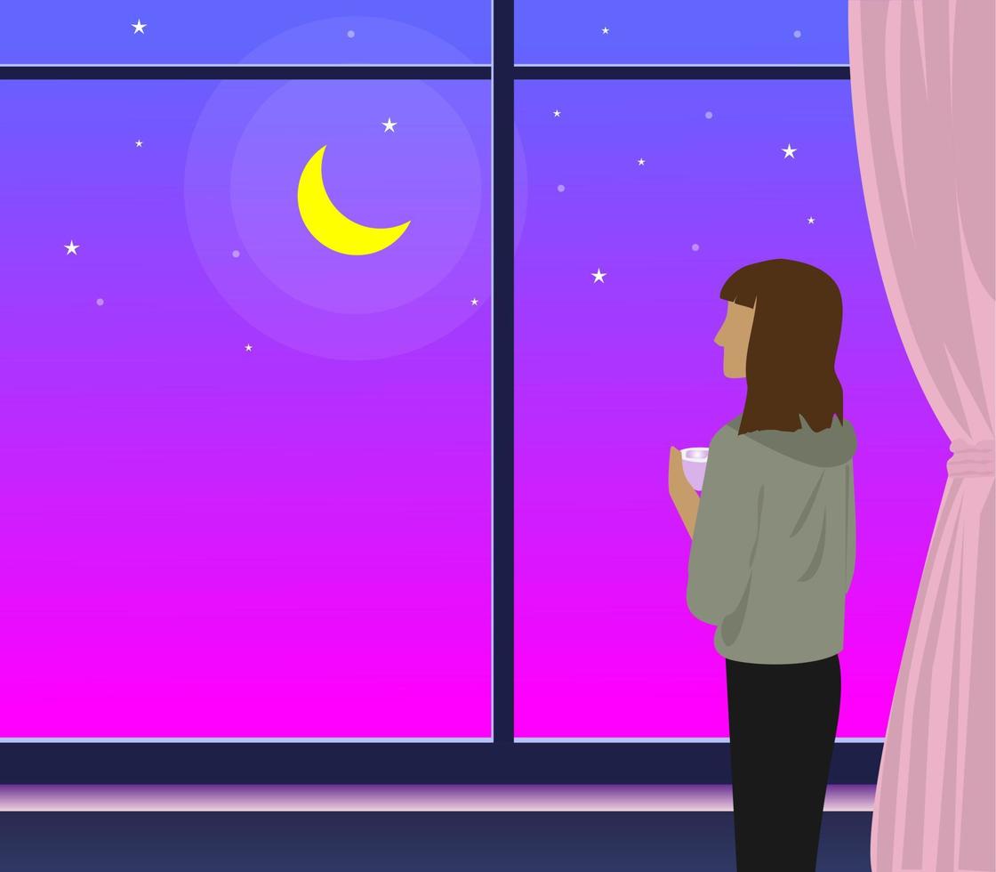 Outside the window at night A lonely girl Looking at the purple sky with the moon vector person loneliness melancholy