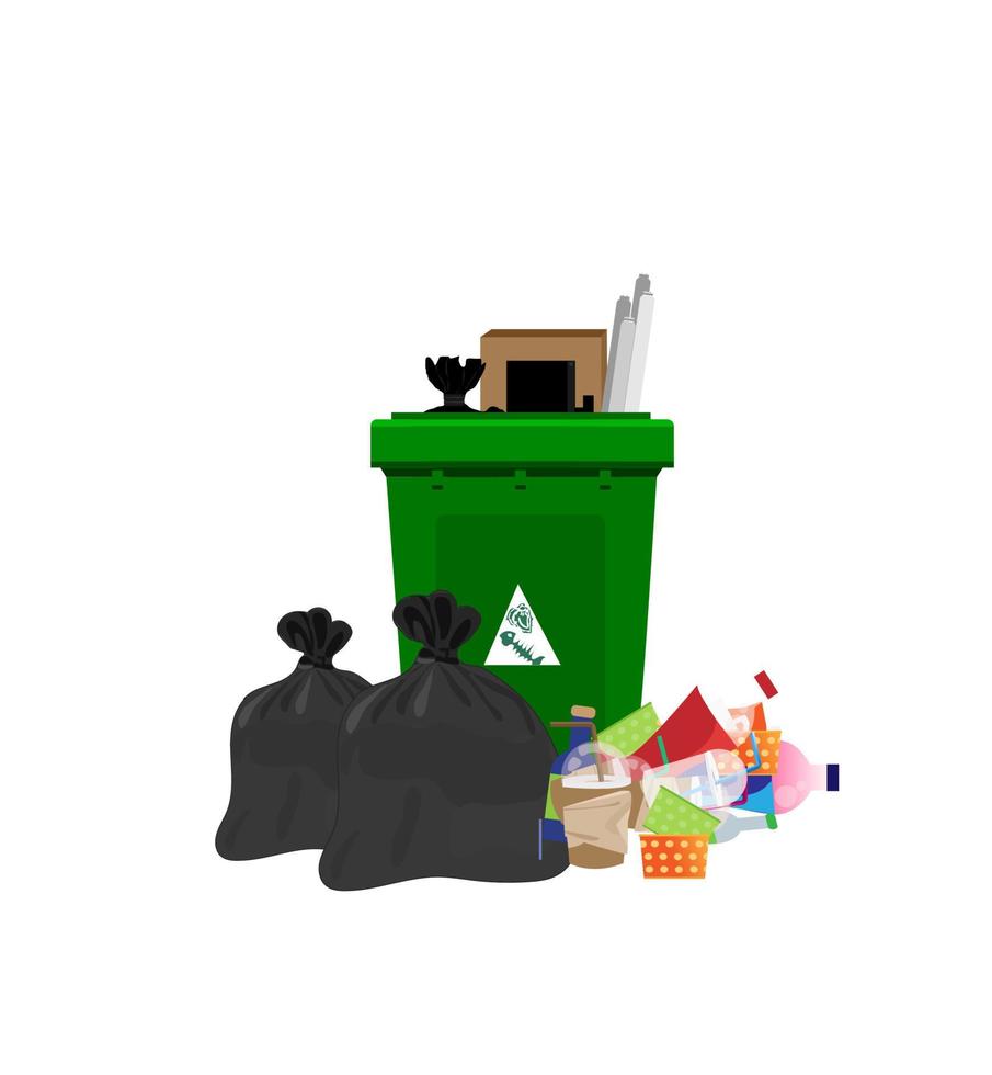 ilustración de basura y bolsas de plástico para contenedores verdes. los residuos de alimentos se pueden dejar en una bolsa negra separada sobre un fondo blanco. vector