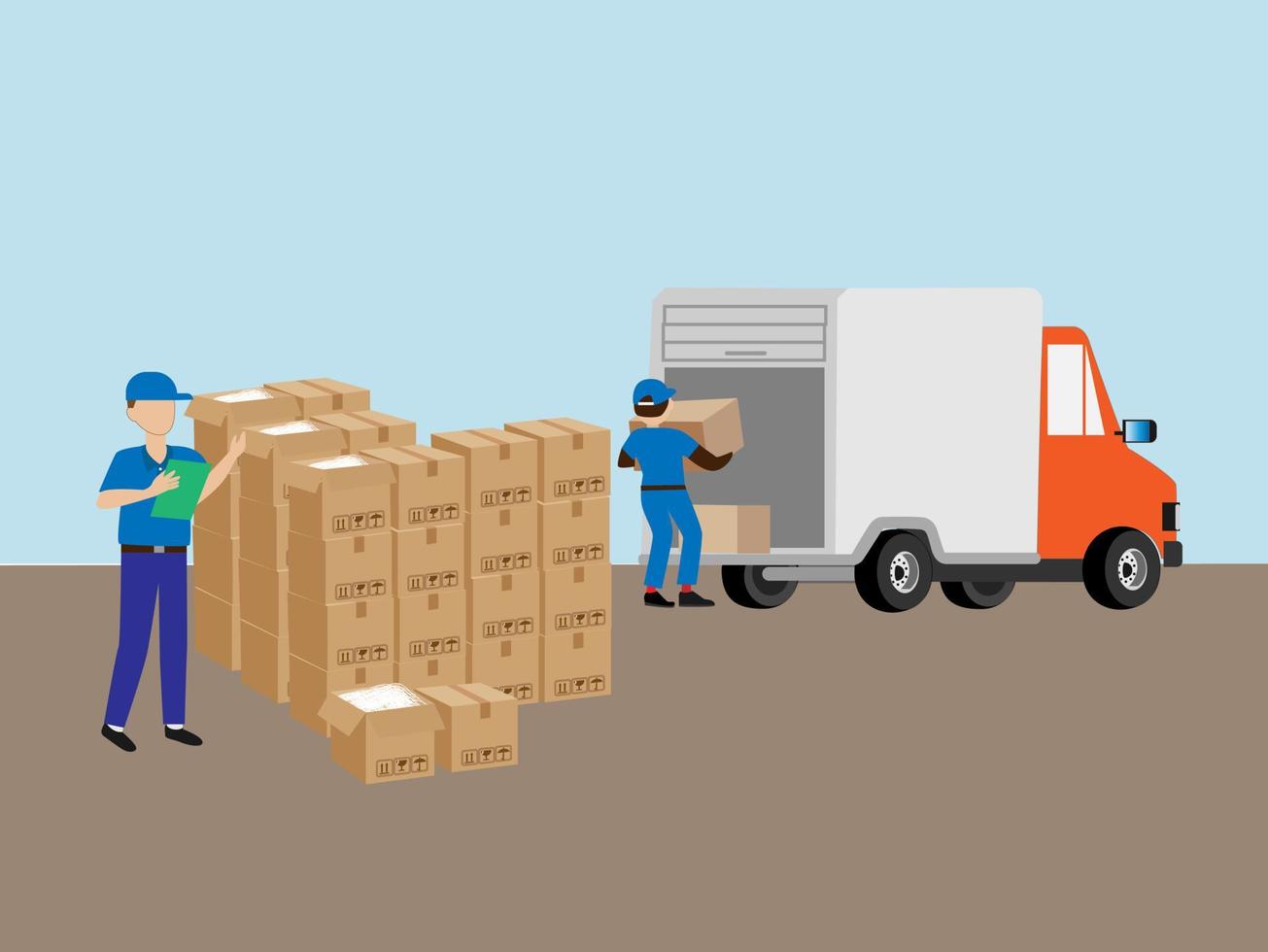 Warehouse inspector holding a clipboard, checking package details for damage, and ready to ship with the loader unloads the goods from the truck. Delivery service. Moving. Vector illustration