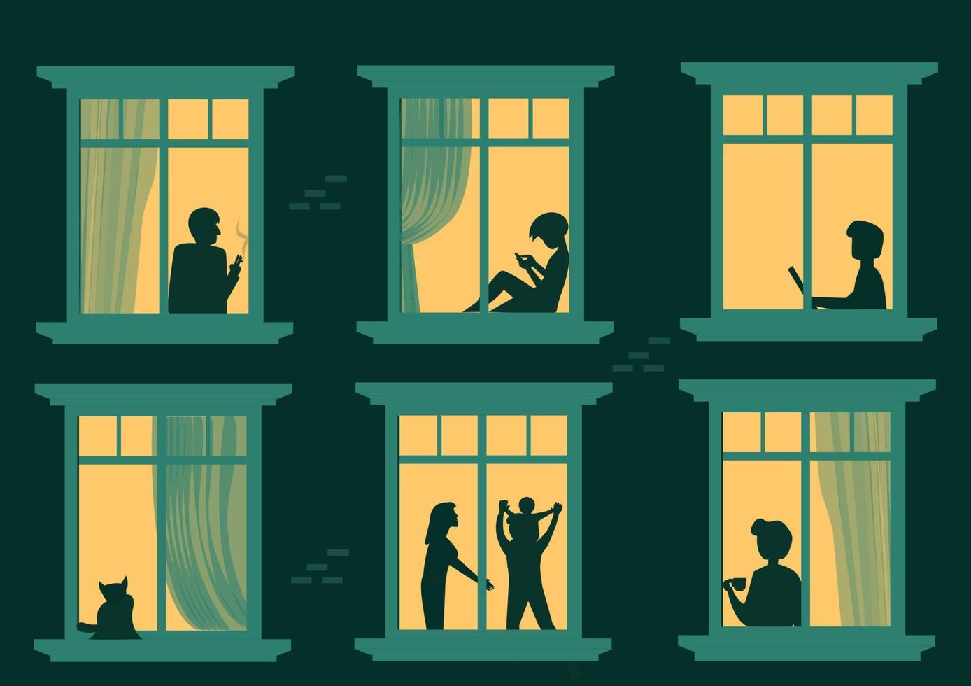 look at the neighbors in the window The cartoon characters in the apartment consisted of people sitting at work, playing on mobile phones, and spending time together. in the evening shadow vector