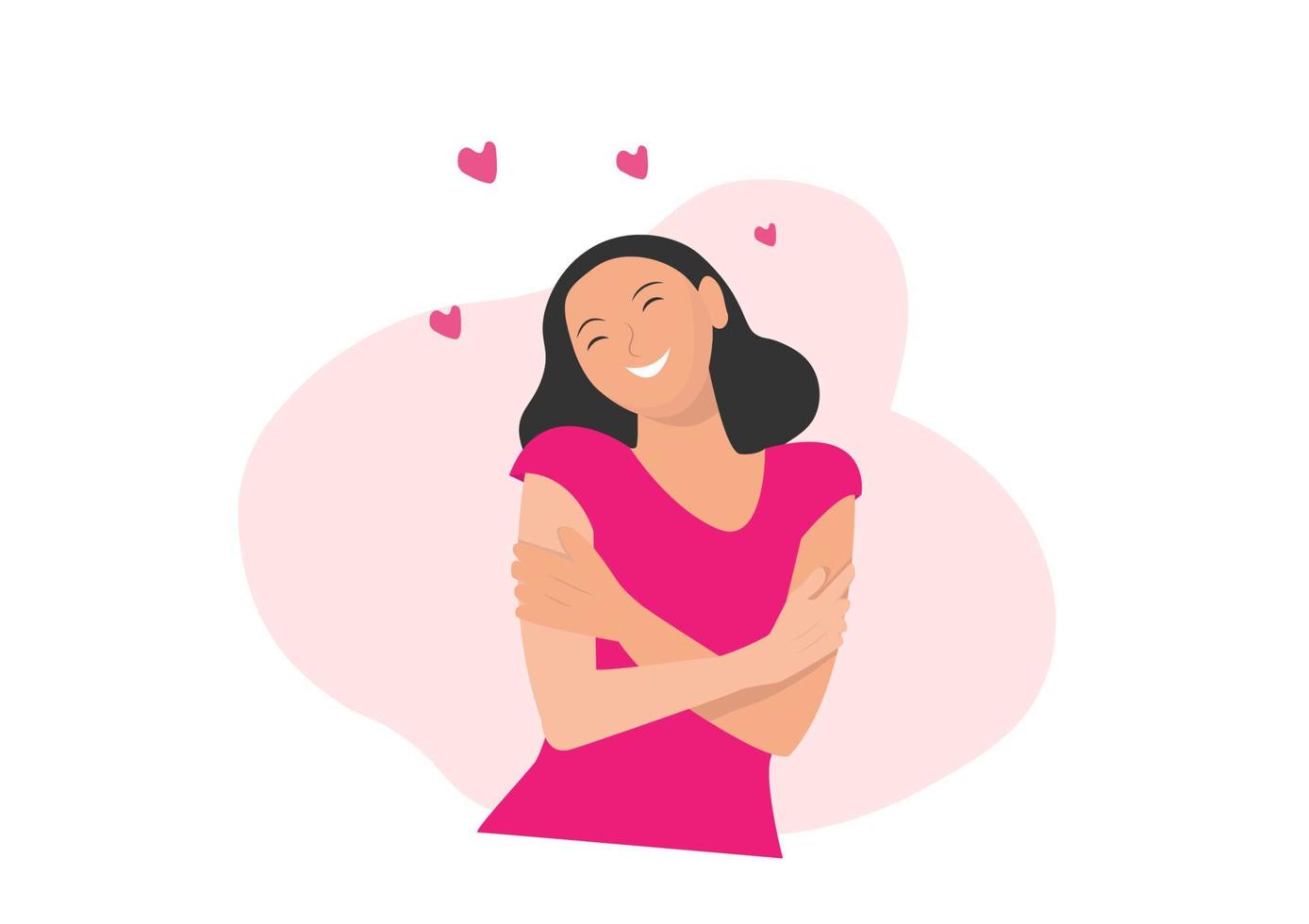 Ámate a tí mismo. toma tiempo para ti mismo. una mujer abrazándose a sí misma con un corazón sobre un fondo blanco encantador tono rosa pastel suave. vector