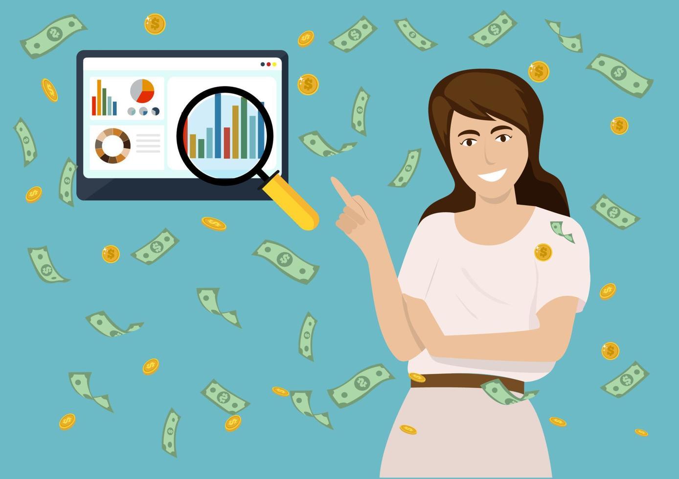 Successful business women Stand with your fingers pointing at the graph. Young business women excited enjoying the money rain Flat vector design illustration