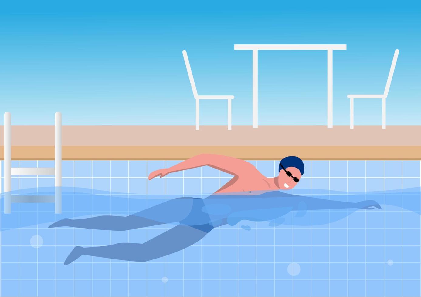 A young man in sportswear swimming in a pool. Flat style cartoon illustration vector