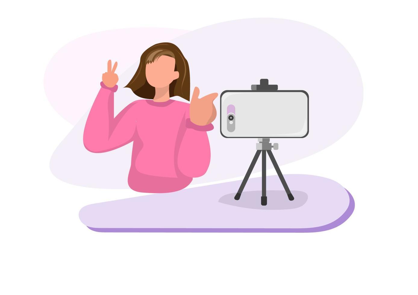 A young woman making a video To create their own business niche. Flat style cartoon illustration vector