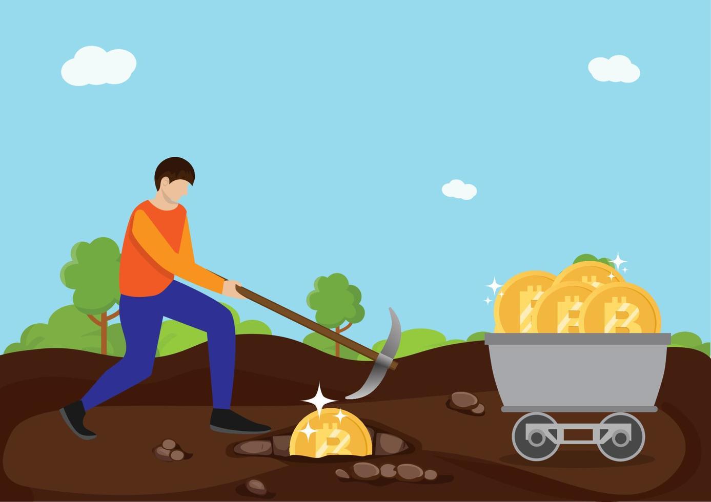 Cryptocurrency concept with businessman miner and coins. Young man with pickaxe working in bitcoin mine, Flat style cartoon illustration vector