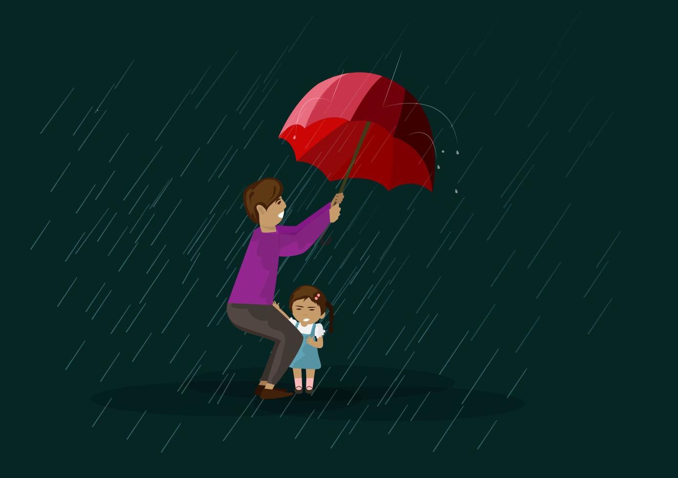 padre e hija se paran bajo un paraguas bajo la lluvia el concepto de una tormenta en la temporada de lluvias. vector de ilustración de dibujos animados de estilo plano