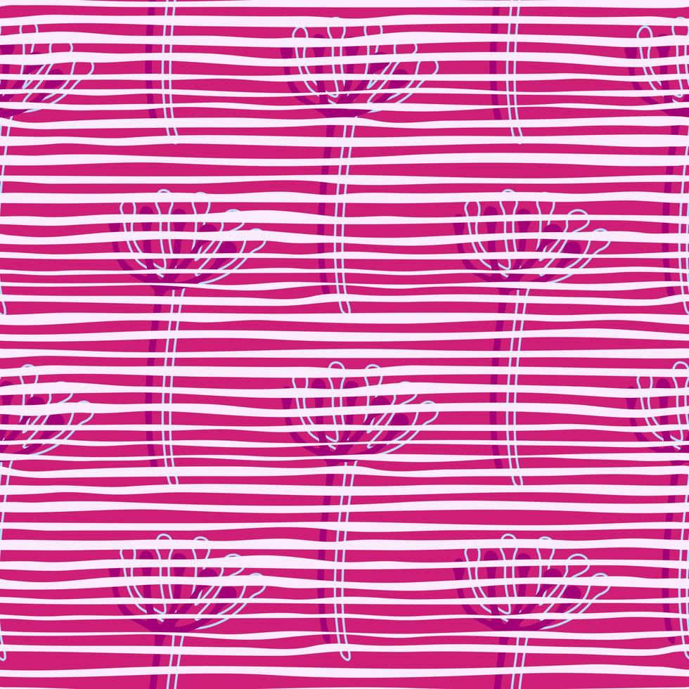 Botanic floral dandelion purple silhouettes seamless pattern. Background in pink and white strips. vector