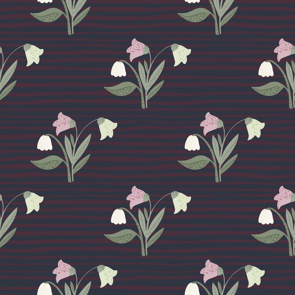 Simple seamless pattern with doodle village flowers silhouettes. Forest botanic stylized ornament on dark stripped background. vector