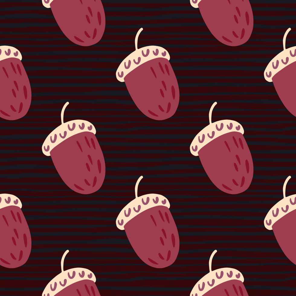 Decorative seamless pattern with pink simple acorn shapes. Dark striped background in maroon tones. vector