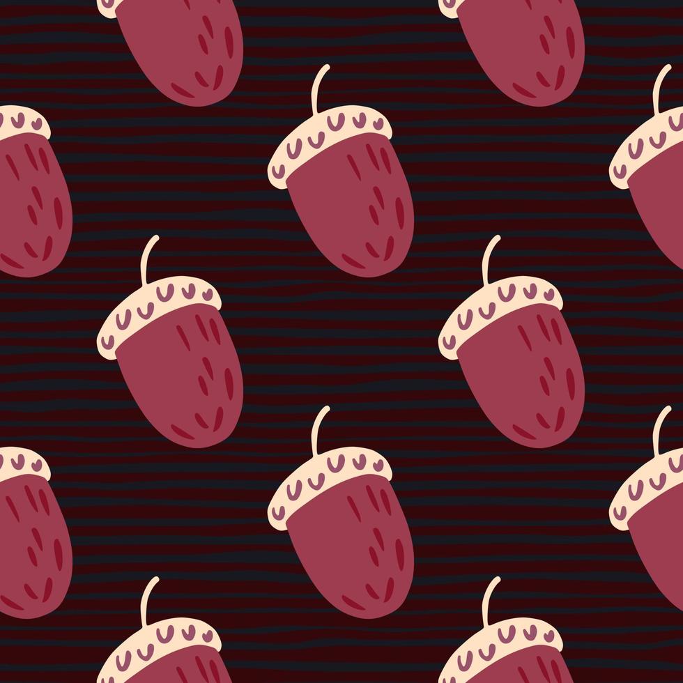 Decorative seamless pattern with pink simple acorn shapes. Dark striped background in maroon tones. vector