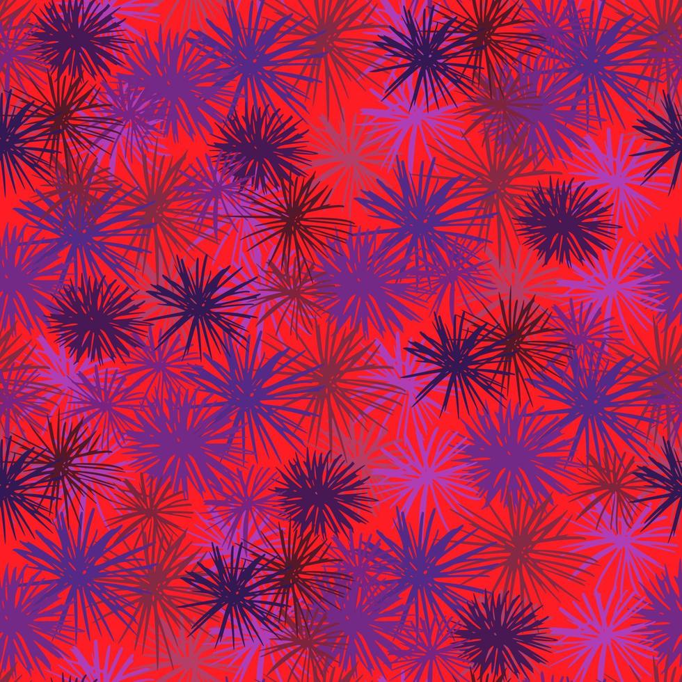 Seamless random ocean pattern with sea urchin ornament. Purple elements on red background. Exotic beach backdrop. vector