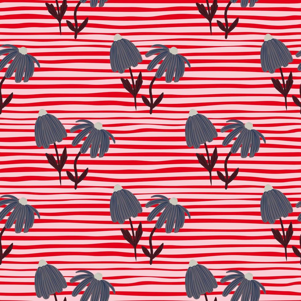 Navy pale daisy flower ornament seamless pattern. Bright background with white and red strips. vector