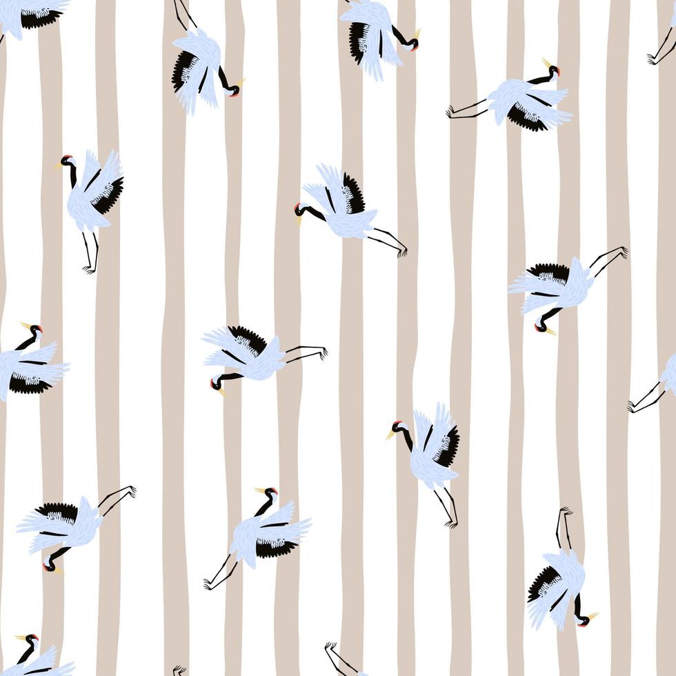 Random little blue crane bird shapes seamless pattern in hand drawn style.Striped lilac and white background. vector