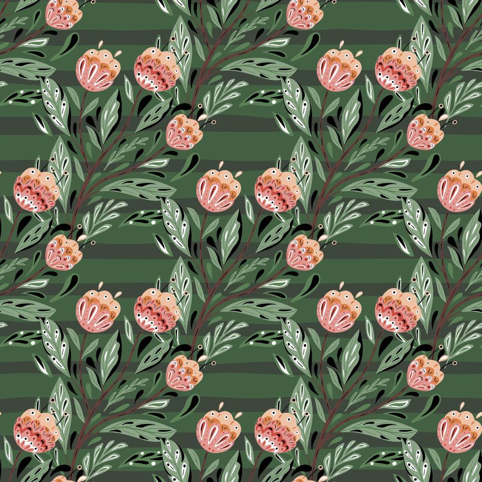 Abstract botanic nature seamless pattern with pink folk bouquet ornament. Green background with strips. vector
