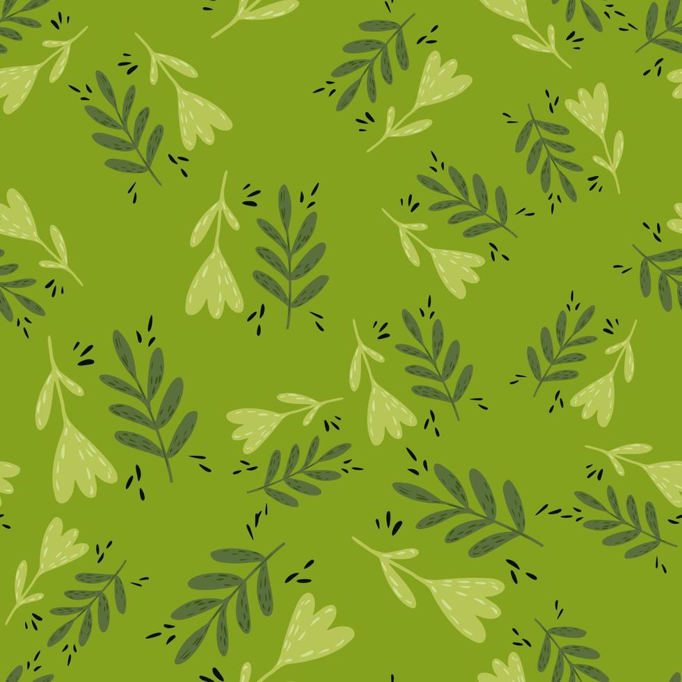 Random seamless botanic pattern with leaves branches and flower silhouettes. Green background. vector