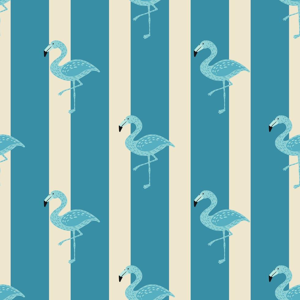 Animal seamless doodle pattern with hand drawn blue flamingo silhouettes. Striped background. vector