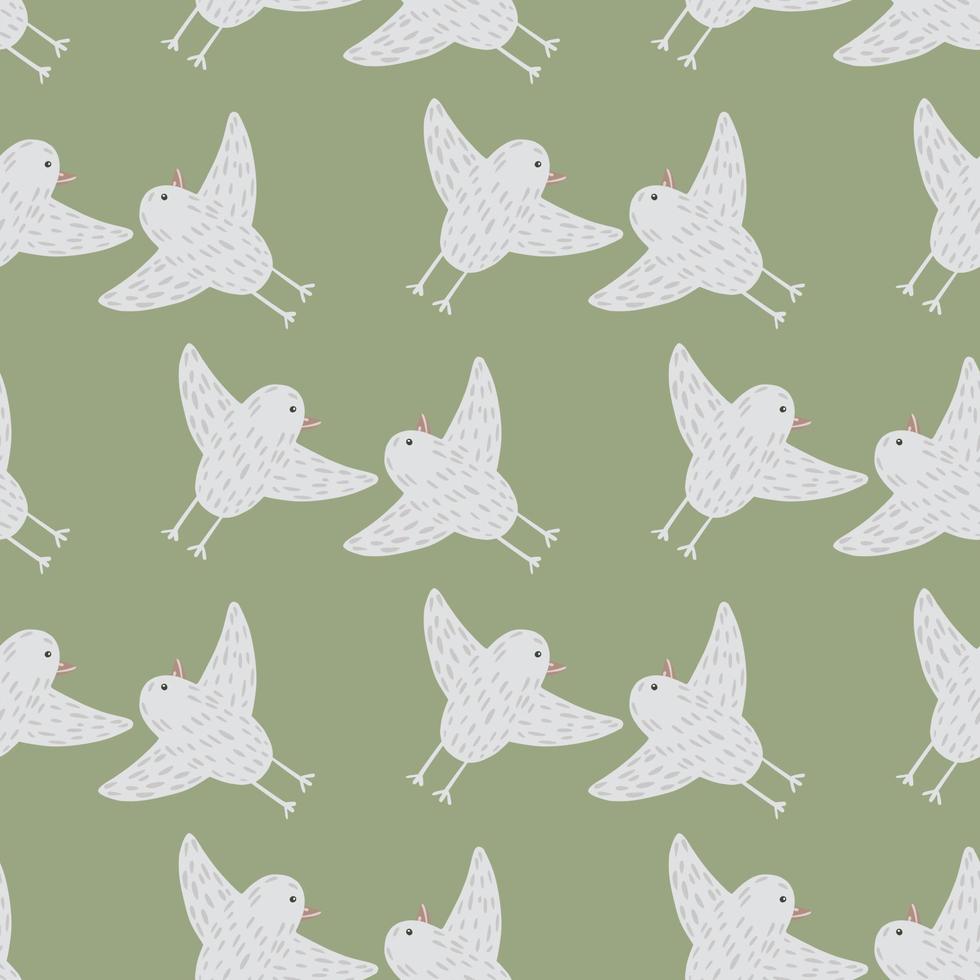 Simple hand drawn seamless pattern with grey birds ornament. Green olive background. vector