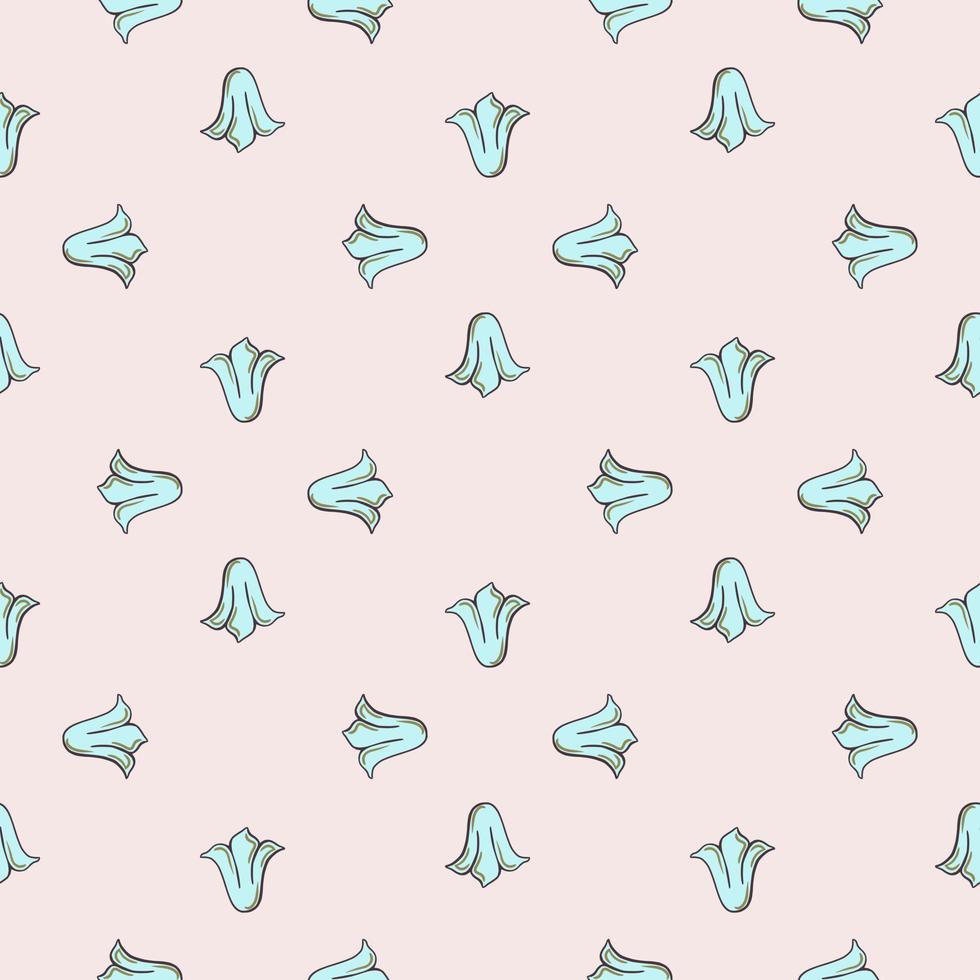 Blue tulip buds geometric seamless pattern in hand drawn style. Pastel pink background. Doodle print. vector