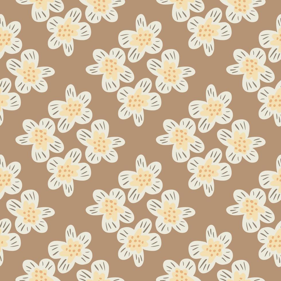 Scrapbook seamless pattern with white and yellow flower buds print. Beige background. Simple cute style. vector